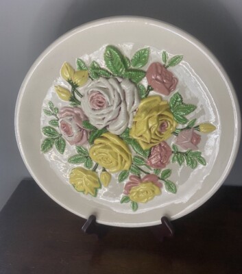 Vintage  ROSES Plaster Plate Wall Plaque Pink Yellow Green 1976 Signed 