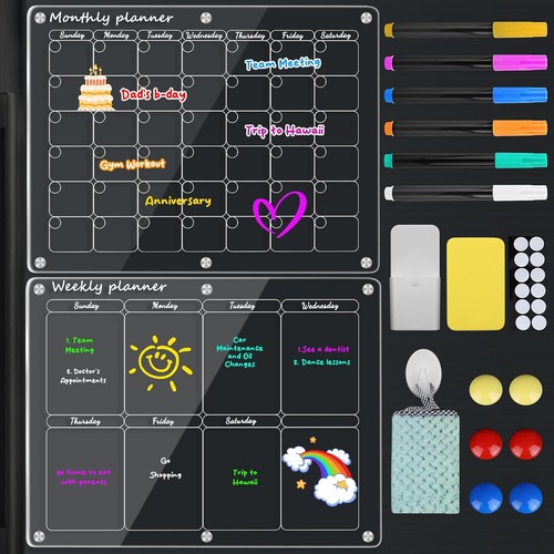 Magnetic Acrylic Calendar/Planner for Fridge 16"x12" inches Includes 6 Markers