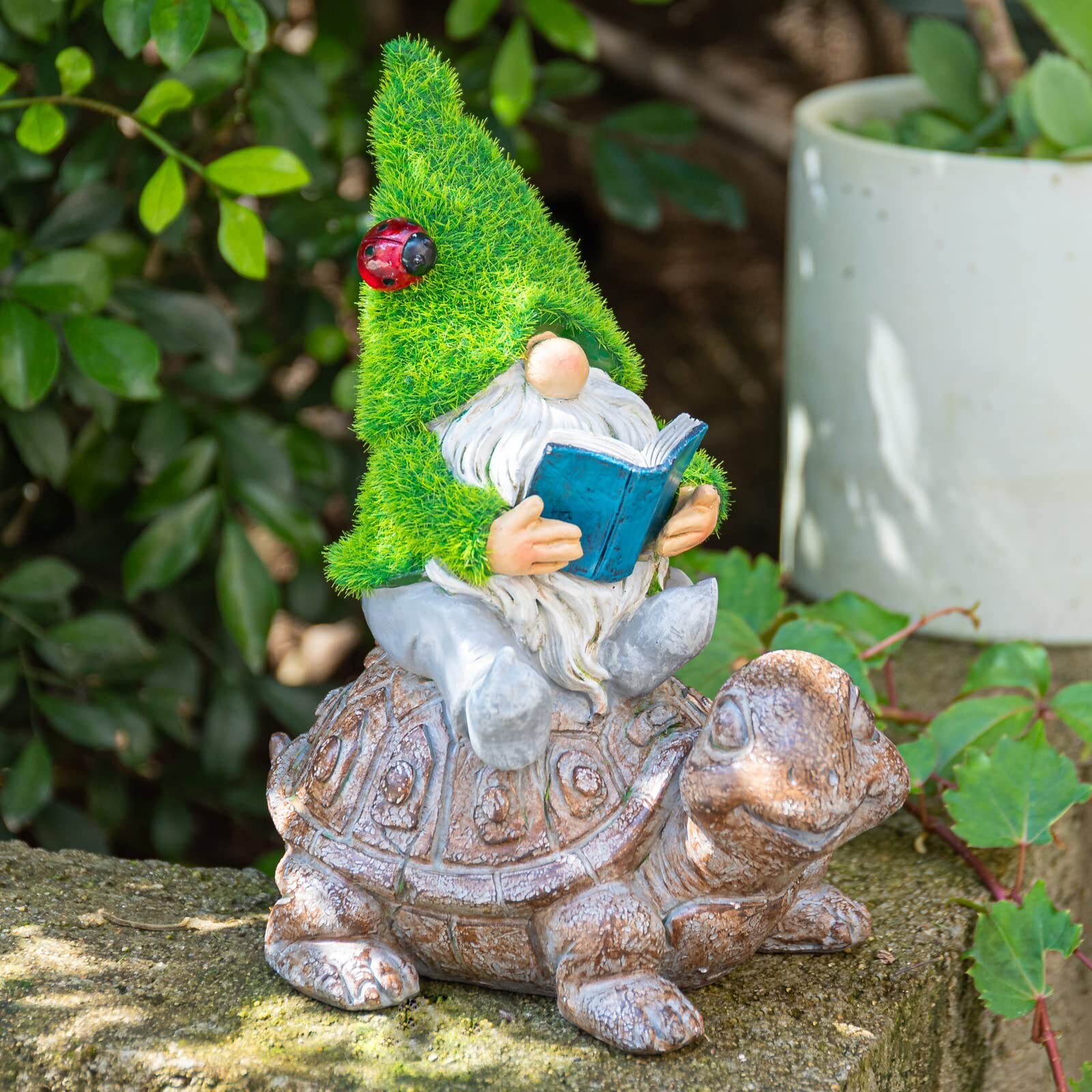 Garden Gnome Sitting on Turtle Outdoor Statues and Sculpture with Solar Light...