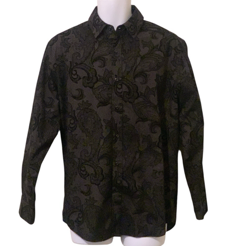 Beverly Hills Polo Club Mens Paisley Print Embossed Shirt Sz M Black Long Sleeve