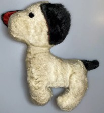 Vtg White Plush Puppy Dog Stuffed Animal 12 Red Satin Black Ears