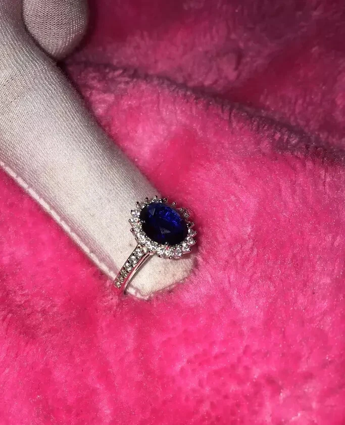 Anillo de boda de diamantes y zafiros naturales de corte ovalado de 4,65 quilates de plata de ley 925 6 7 Foto 3 de 4