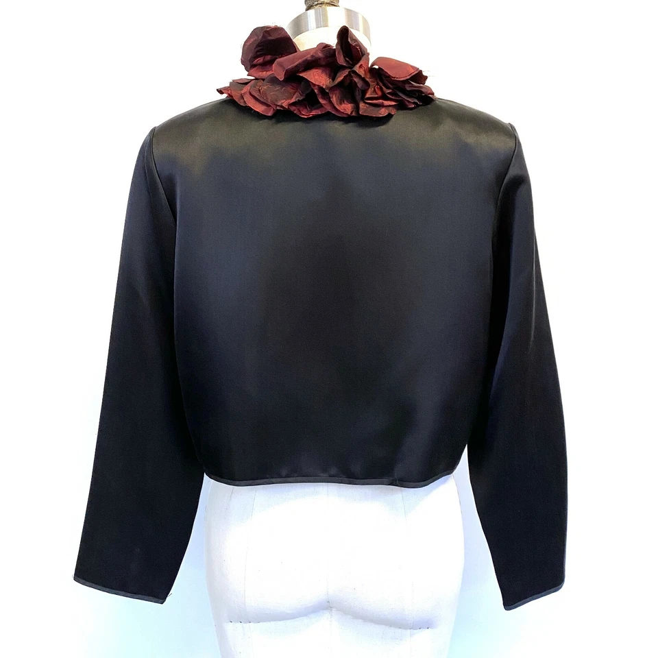 Maria Pinto Couture Black Red Rose Petal Collar Silk Dress Jacket Bolero Sz 2 - Image 2 of 4