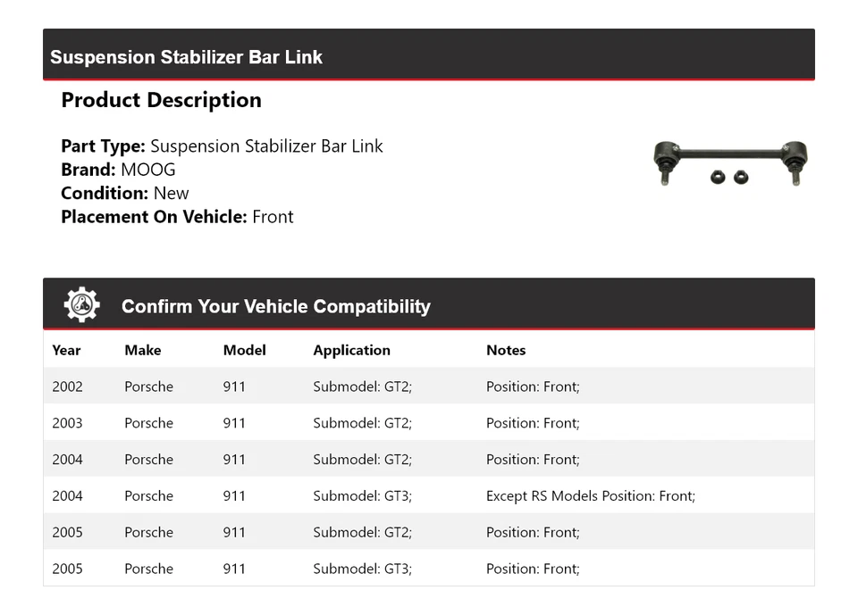 Barra estabilizadora de suspensão dianteira MOOG 2002 2003 para 2002-2005 Porsche 911 - Imagem 2 de 4