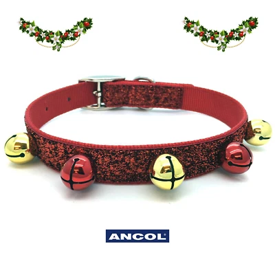 Dog Collar Ancol Xmas Christmas Glitter Gold Red Jingle Bell Sound Size 29-39cm