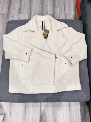 Hugo Boss Jafea Wool Blend Biker Oversized Jacket, Cream Boucle