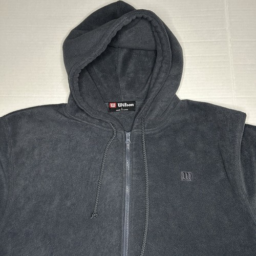 Vintage 90s Wilson Zip Fleece Hoodie Jacket Sweatshirt Dark Grey Mens Large - Picture 6 of 11