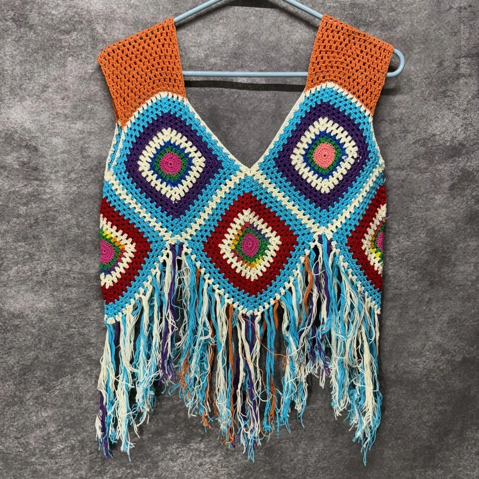 Top Crochet Granny Cuadrado Flecos Talla S Sin Mangas Colorido Festival Boho Hippie Foto 2 de 4