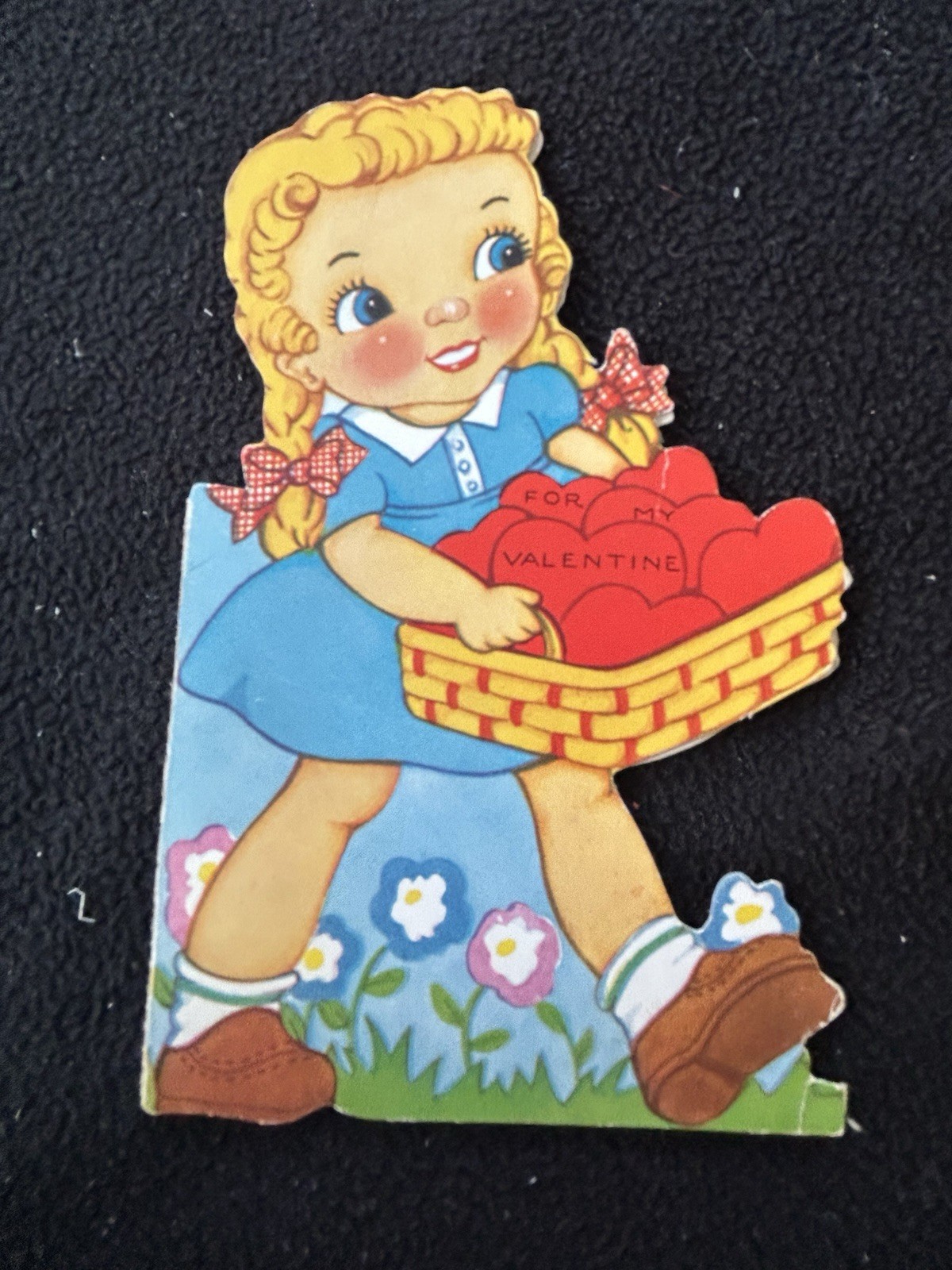 Vintage Valentine Card Die Cut Girl Basket of Hearts Flowers Fold Out Ephemera