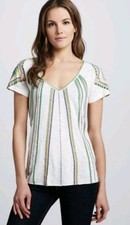 Free People Women's Top Size L Beaded Striped Short Sleeve Ivory #C