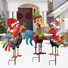 3 Pcs Christmas Chicken Outdoor Decorations Metal Multicolored