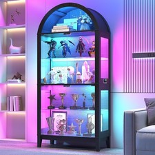 69" Arched Display Cabinet, RGB LED Tempered Glass Curio w/ Shelf, Music-Synced