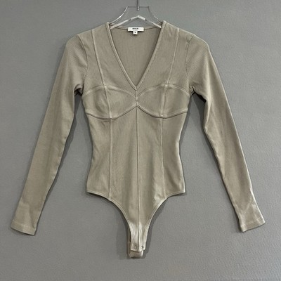 Agolde Bodysuit Women's Medium Beige Devlin Long Sleeve Ribbed Knit Moto Grunge