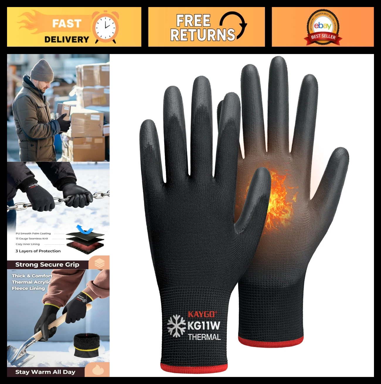 Thermal Insulated Winter Work Gloves - 12 Pairs, PU Coated, Smooth Grip, Freezer