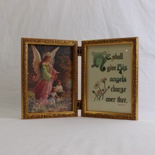 Ornate Gold Metal Double 5" x 7" Hinged Photo Frame, Religious insert, 1996