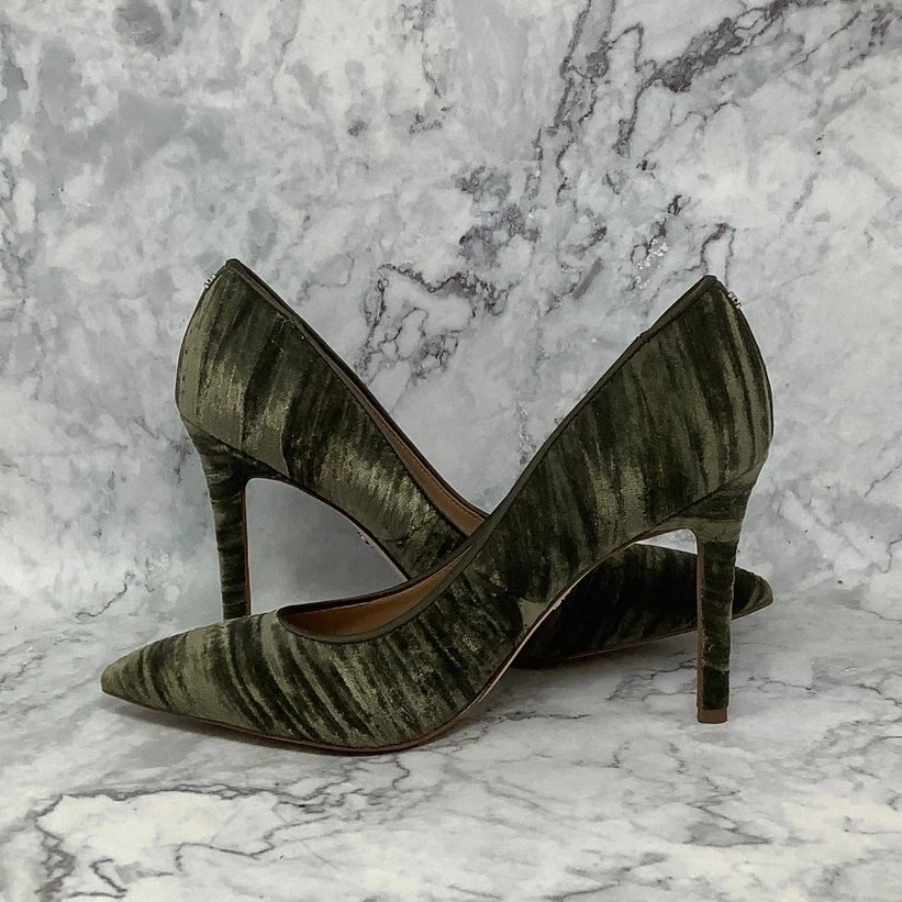 Sam Edelman Talla 5.5 Musgo Terciopelo Avellana Tacón de Aguja Bomba Punta B29-1 Foto 4 de 4