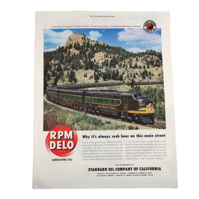 RPM DELO Oil / Northern Pacific Railroad Magazine Advertisement 1946 Original