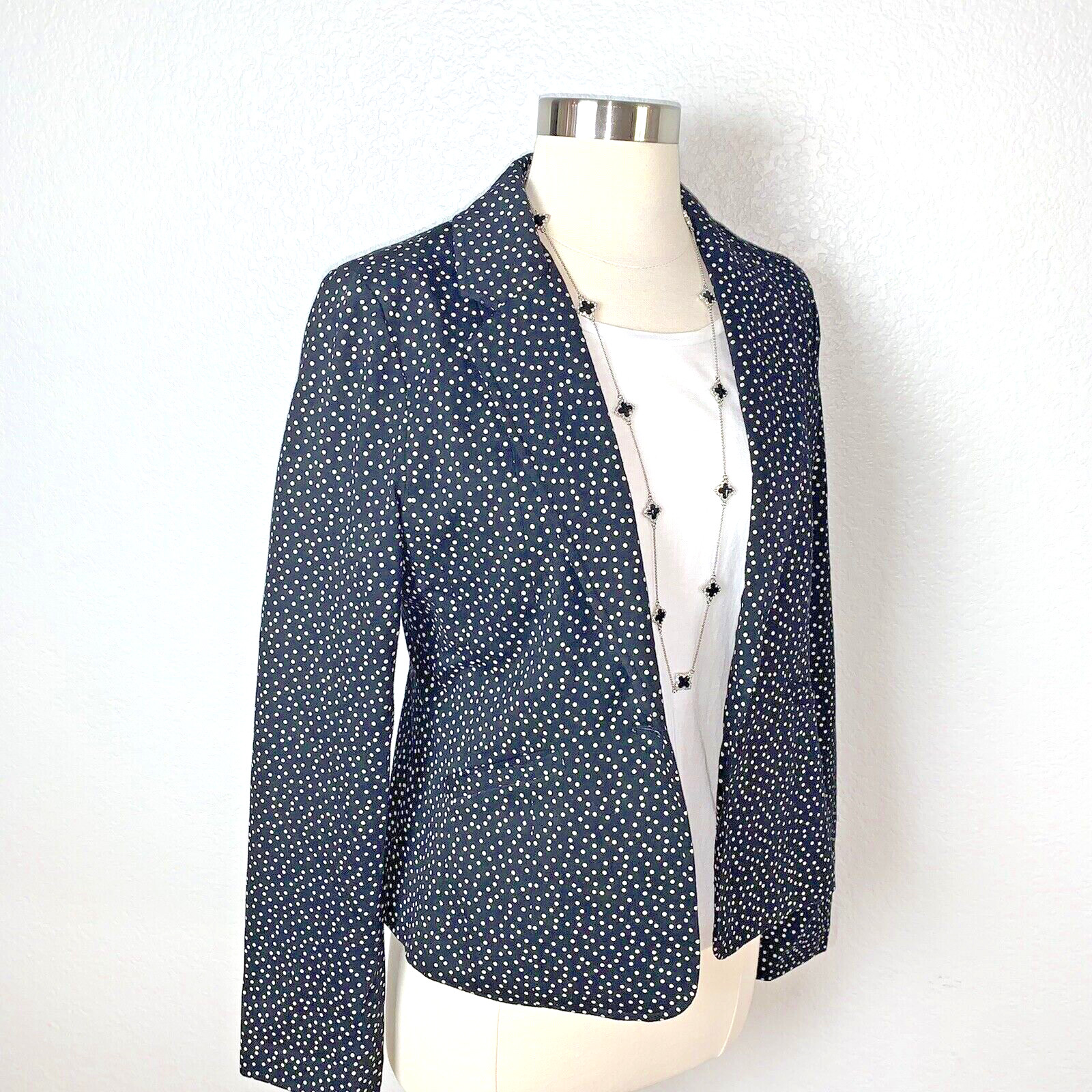 Love Tree Blazer Jacket Womens Size M Black Polka Dot Print Lined Cropped Pocket