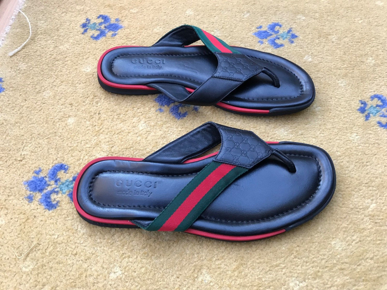 Gucci Sandals Leather Shoes Thong Monogram GG Black Web Green Mens UK 7 US 8 41 thumbnail 4