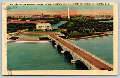 Vintage Arlington Memorial Bridge Lincoln Memorial Washington DC Postcard