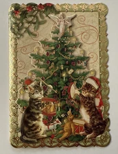 Victorian Tree wi Kitties Christmas Cards Lot of 5 Die-cut Embossed Punch Studio