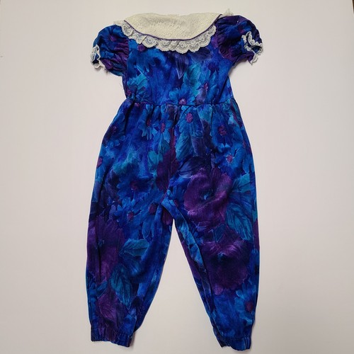 Vintage 80s Girls 4T Blue Floral Print Lace Collar Jumpsuit Jumper One Piece USA - Picture 5 of 7