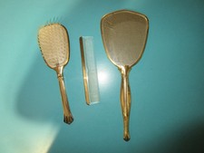 VINTAGE GOLD TONED FLORAL DESIGN VANITY SET MIRROR, COMB, & BRUSH RARE ANTIQUE