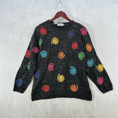 Vintage Rafaella Sweater Womens M Black Rainbow Spiral Polka Dot Knit Ramie 80s