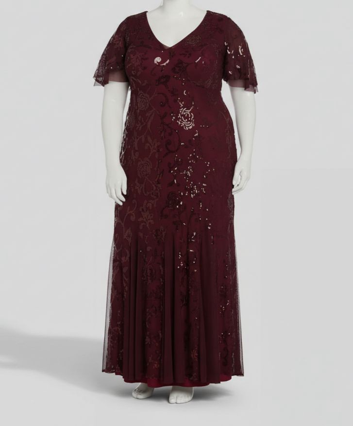 R&M Richards 3215W Floral Sequin Long Formal Plus Size Dress - Wine / 18W R&M Richards 3215W Floral Sequin Long Formal Plus Size Dress - Wine / 18W