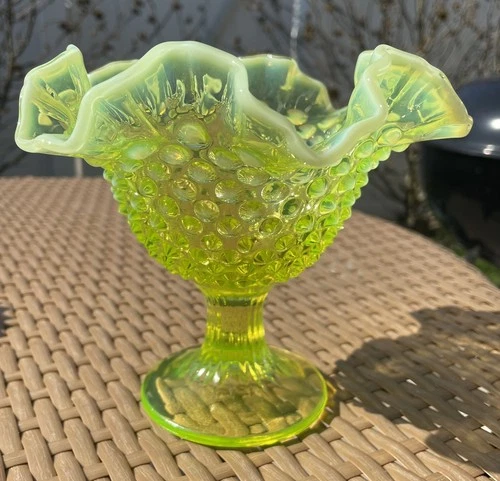 Vintage Fenton Topaz Vaseline Opalescent Hobnail 6 Inch Footed Compote