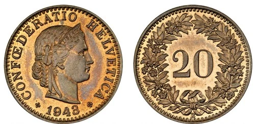 1943-B Switzerland 20 Rappen- NGC MS64, KM29a - Bern Mint-Gold Toning