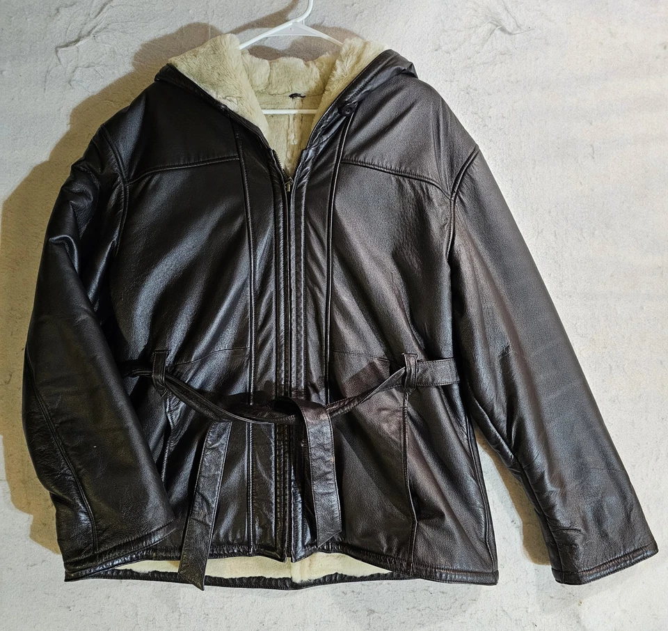 Wilson's 100% Leather Jacket Faux Fur Lined Hooded Full Zip Black Womens Size XL - Image 3 of 4