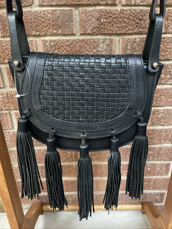 BCBG Maxazria Runway Limited Edition Black Leather Boho Tassle Crossbody Bag EUC - Image 4 of 4