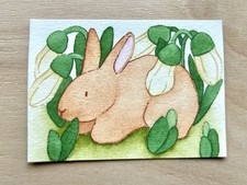 ACEO Original Snowdrop Bunny Mini Flower Art By CozyPerchCo 2.5 X 3.5”