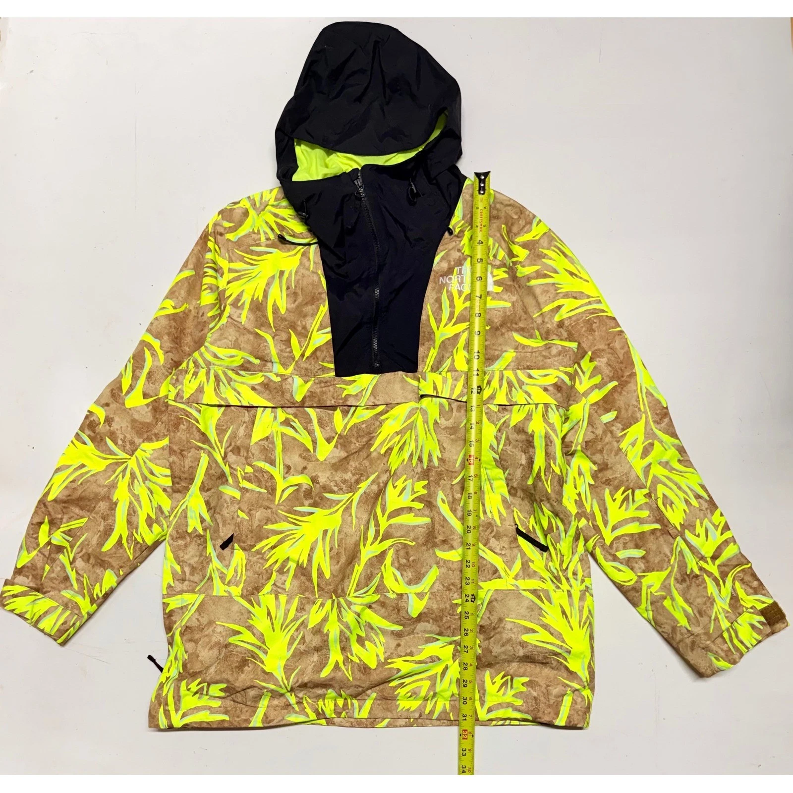 The North Face Mens Fanorak Anorak Jacket Neon Yellow Tan Leaf Print Large
