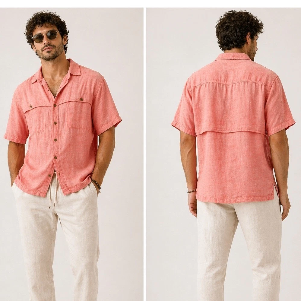 Caribbean Mens XL Shirt Peach Linen Rayon Short Sleeve Vented Back Island Resort
