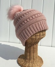 Winter Thick Knit Warm Lined Faux fur Pom Stretchy Ski Beanie hat Light Pink G