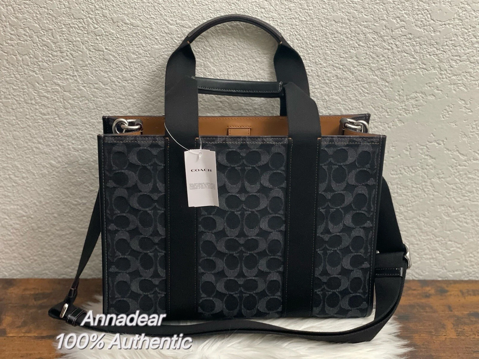 Borsa a tracolla nuova con etichette Coach CP105 Smith Tote con firma denim tela nera in pelle