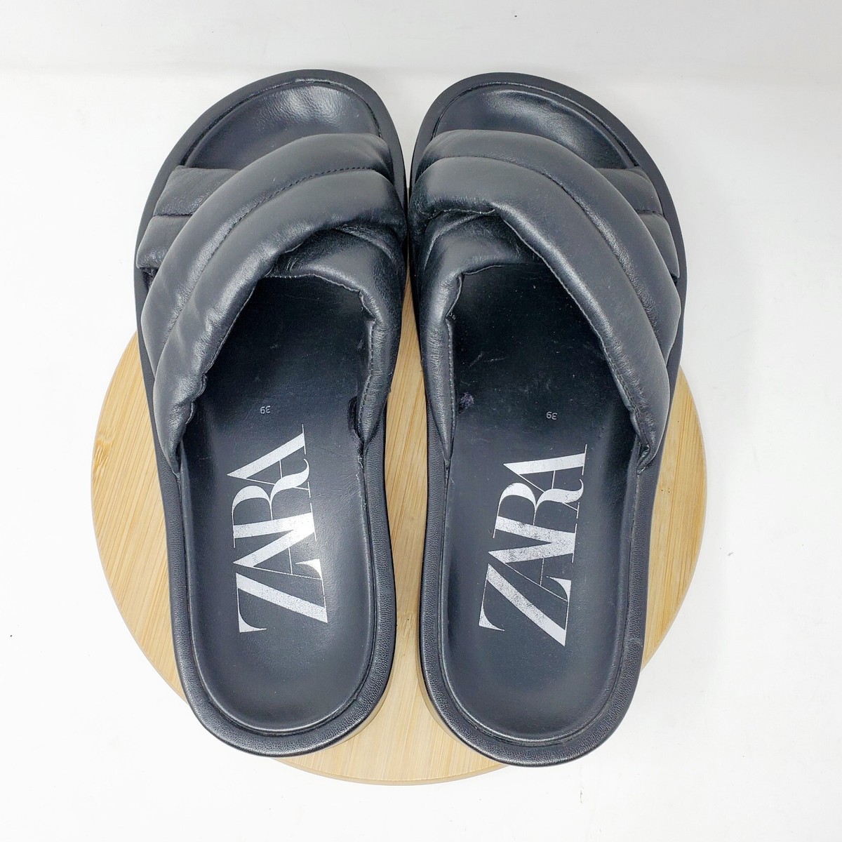 ZARA Sandals Womens 39 Platform Quilted Black Cross Strap Chunky 