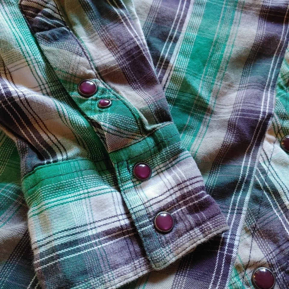 Cruel Girl Shirt Womens Medium Green Purple Plaid Western Snap Long Sleeve - Image 3 of 4