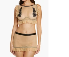 Hauty Ruffle Trim Mesh Bralette & Skirt Set Nude One Size