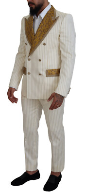DOLCE & GABBANA Suit Off White Gold Striped Tuxedo Slim Fit EU48