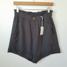 Risen Womens M Linen Blend Paper Bag Shorts Cuffed High Rise Gray