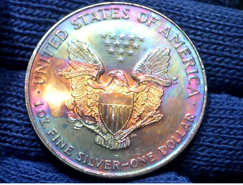 American Silver Eagle 1998 $1 gema monstruo arco iris tono ambos lados * Hacer oferta Foto 2 de 4