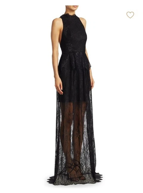 MONIQUE LHUILLIER Black Metallic Lace Peplum Halter Illusion Sheer Maxi Gown 10 - Image 4 of 4