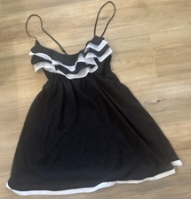 VTG Flora Nikrooz Chiffon Black White Chemise Lingerie Dress Nightie Ruffle M   