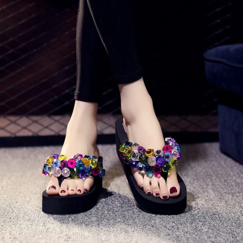 Chanclas de mujer con estrás tacón de cuña sandalias de plataforma zapatillas de verano zapatos - Imagen 10 de 12