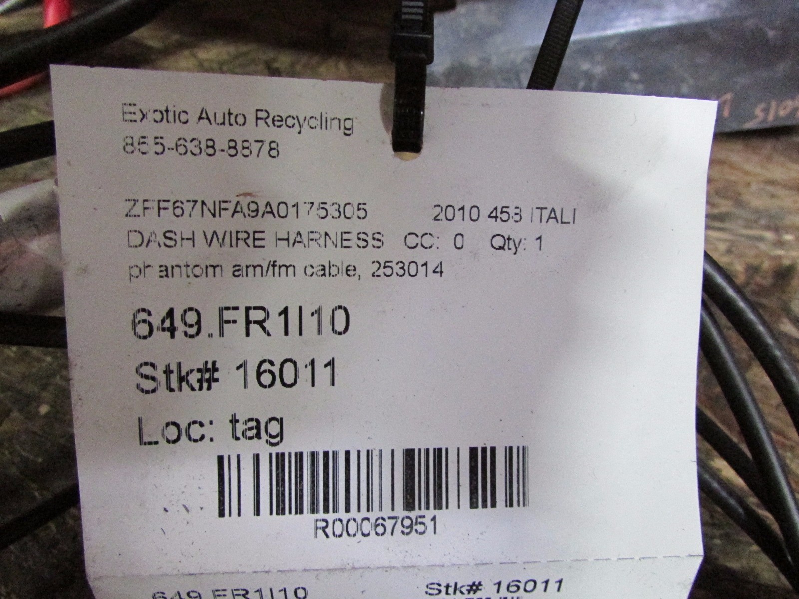 Ferrari 458 Italia, Phantom Box Radio Cable Wire Harness, Used, P/N 253014