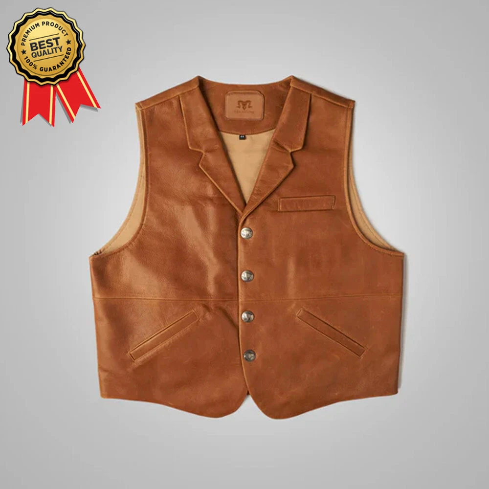 Men's Brown Vintage Genuine Sheepskin Leather Biker Cowboy Vest Classic Style