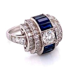 Unique 19th Century Style Old European Cut CZ  Baguette Cut Blue Sapphire Ring